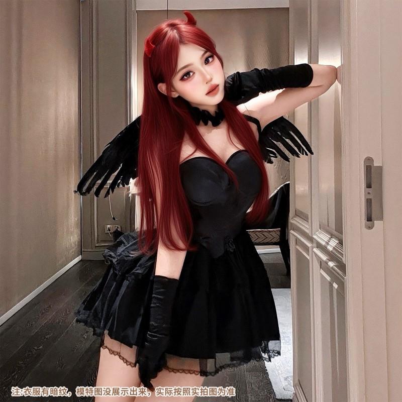 Damen Gothic Halloween Kostümkleid Mit Flügeln Halsstück Handschuhe Engel Oder Dämon Thema Cosplay Outfit