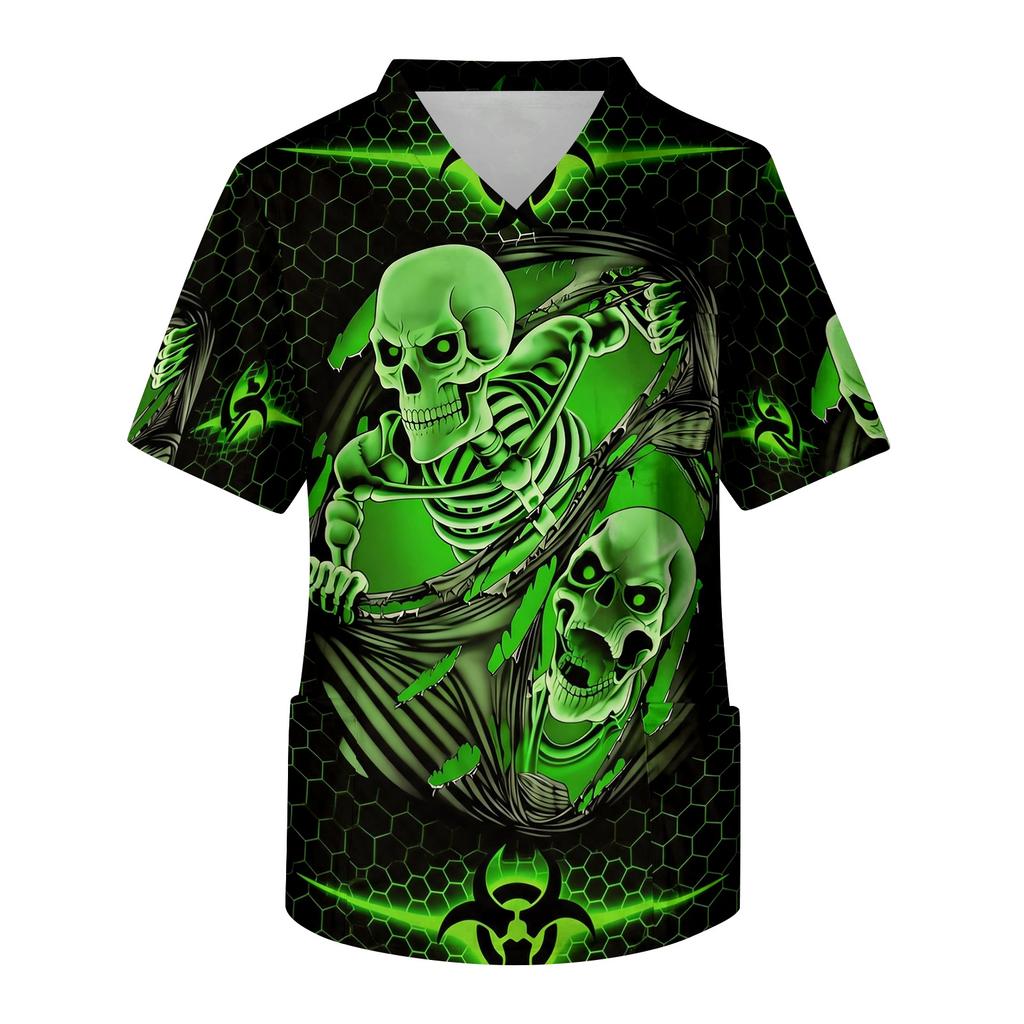Men's V-Neck Short Sleeve Scrub Top with Print and Chest Pocket for Halloween