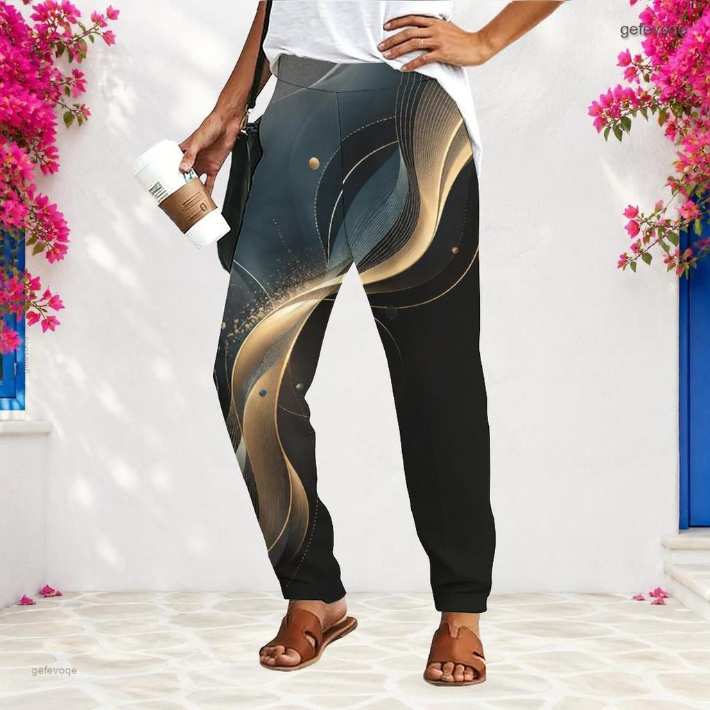 Women S Plus Size Loose Fit Printed Long Pants Black Pink Gradient With Pockets