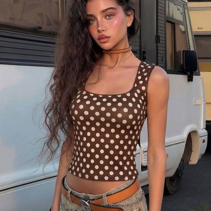 Streetwear Dot Print Sleeveless U Neck Crop Top For Women