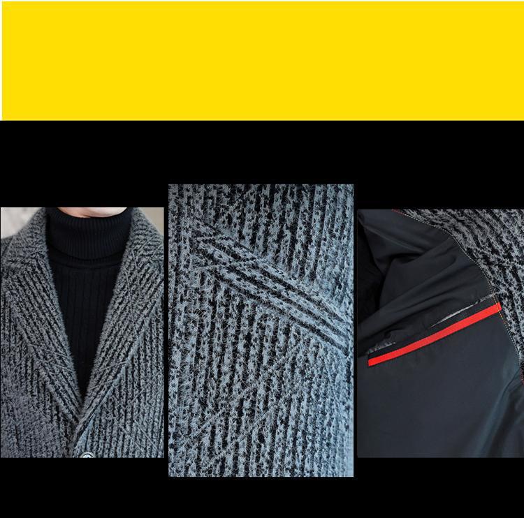 Men's Striped Mid-Length Overcoat Suit Collar Trench Coat, 2023 Autumn/Winter, Youth Plus Cotton, Thickened.