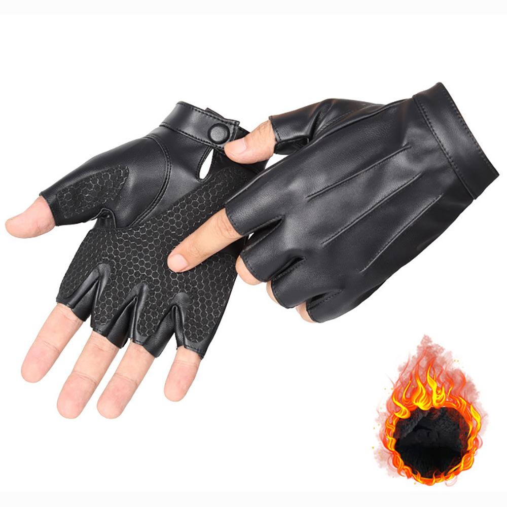 Winter Furry Half Finger Driving Pu Leather Gloves,Outdoor Sports With Anti-Slip Layer Gloves For Men Women Motorcycle