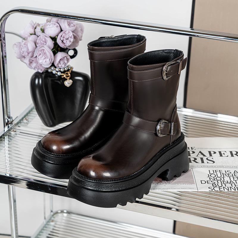 Maillard Knight Boots Women's 2025 New British Cowboy Boots Short Boots Retro Brush Buckle Western Martin Boots Women