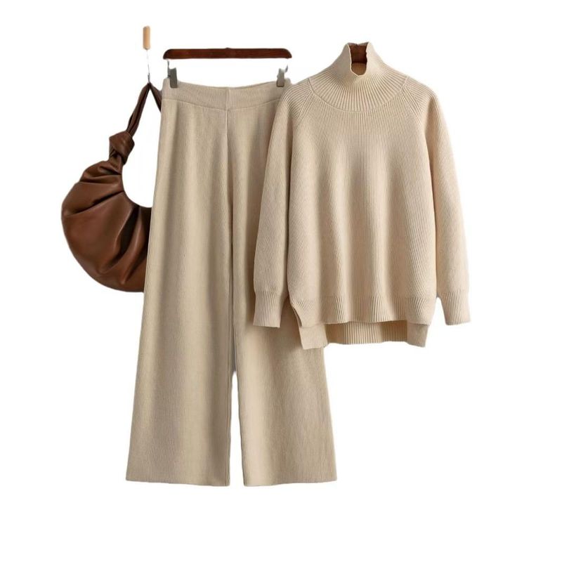 Fashion Pure Color Knitting Turtleneck Sweater Loose Pants Suit Knited Sweater and Pants Set
