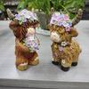 2 Pcs Highland Cow Figurine with Flowers Small Resin Highland Cow Statue Spring Farmhouse Scottish Cattle Sculpture for Home Tiered Tray Table Decor