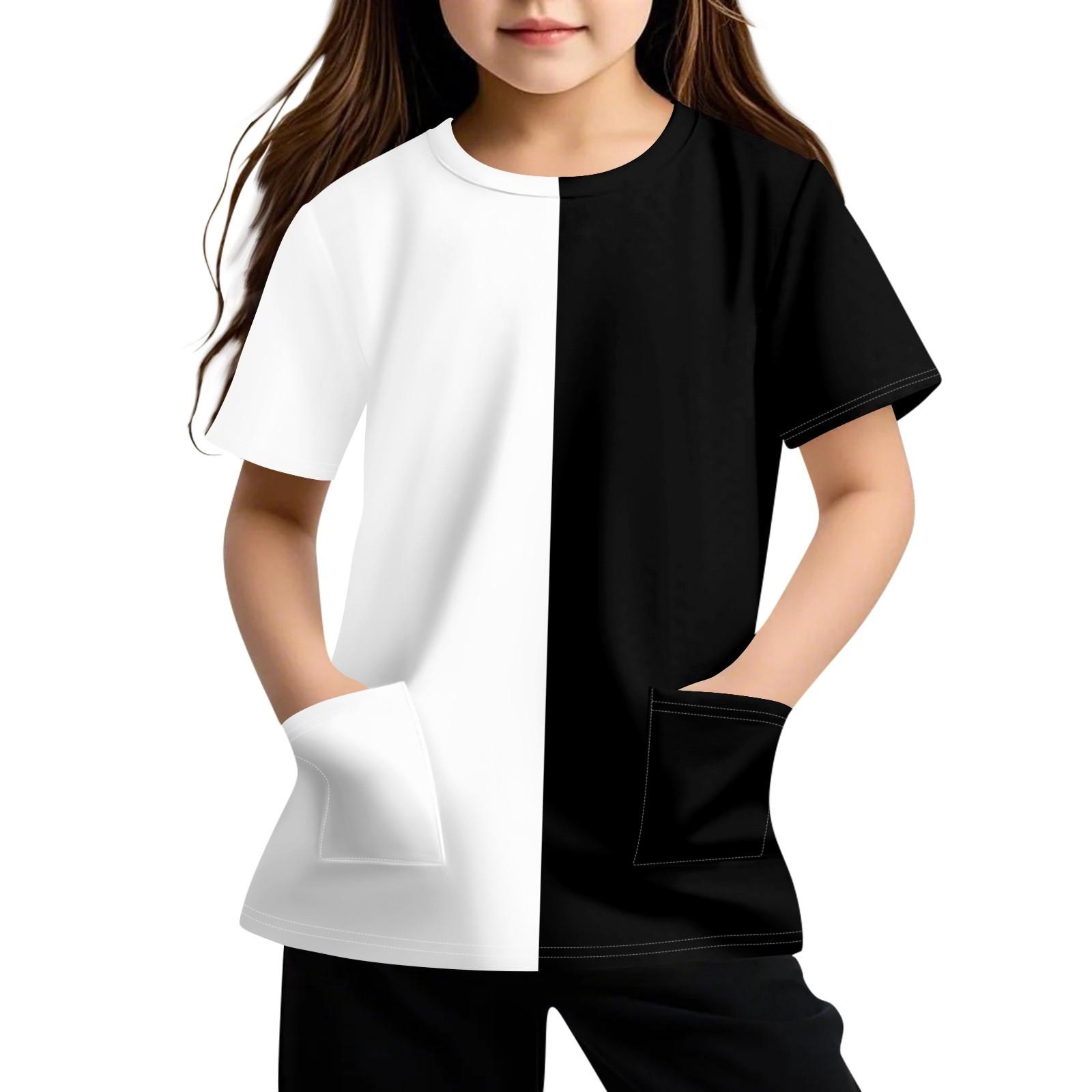 

Детская футболка с короткими рукавами и карманами, повседневная футболка с принтом, круглый вырез, блузка-пуловер 160 белый