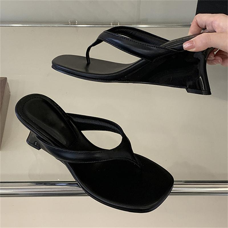 

New Summer Wedges High Heels Women Slippers Fashion Square Clip Toe Party Sandals Flip Flops Female Shoes 35 чёрный