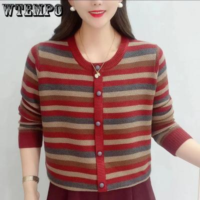Damen Rundhals Gestreifter Pullover Gestrickte Strickjacke Herbst Locker Elegant Pullover