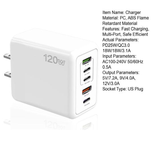 Charger 120W Mobile Phone Fast Charging Type-C US Plug PD/USB Multi-Port Safe Efficient Charging High Power Charger