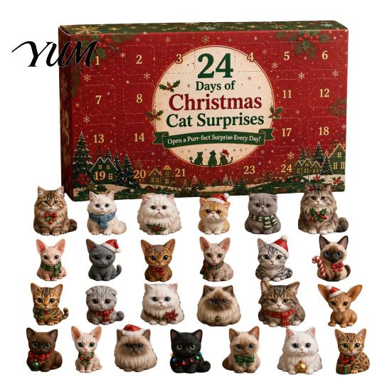 Advent Calendar for Girls Christmas Cat Calendar, 24 Day Countdown with Cute Ornaments, Gifts Children 2D Acrylic Kitty Holiday Decorations,
