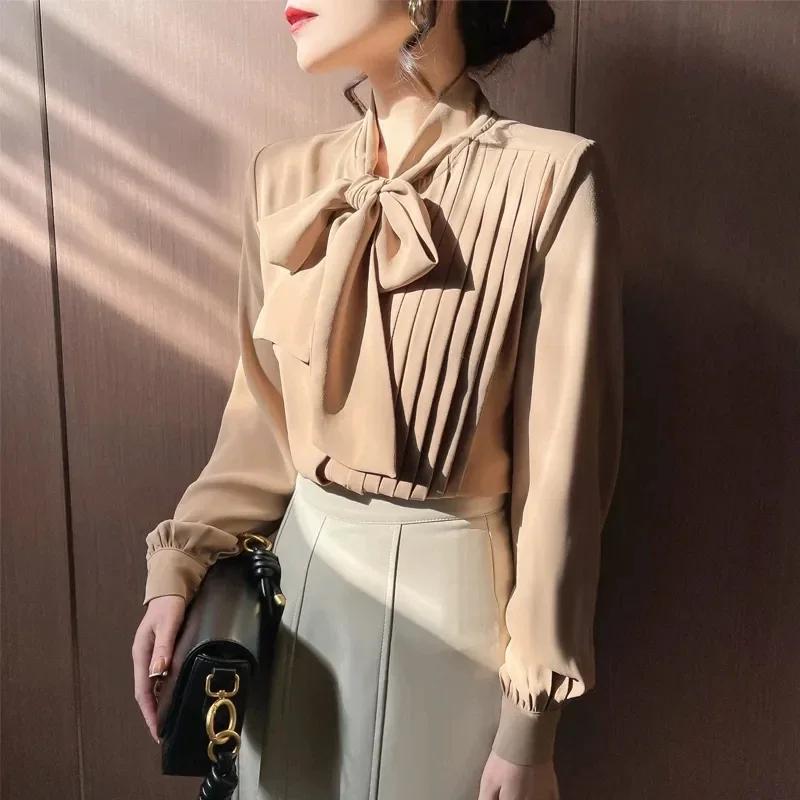 Elegant Bow Neck White Shirts Women Long Sleeve Korean Fashion Clothing Blusas Mujer Work Chiffon Blouses Office Ladies Tops Y2k