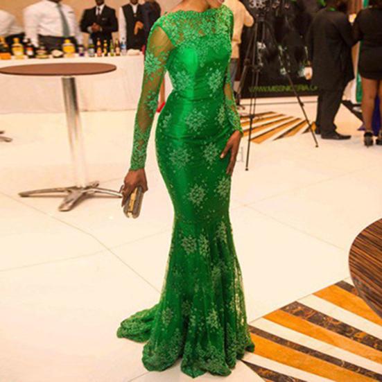 Långärmad Båthals Höftomslag Fisksvansfåll Brudtärneklänning Elegant Virkad Spetslappverk Genomskinlig Maxiklänning Damkläder