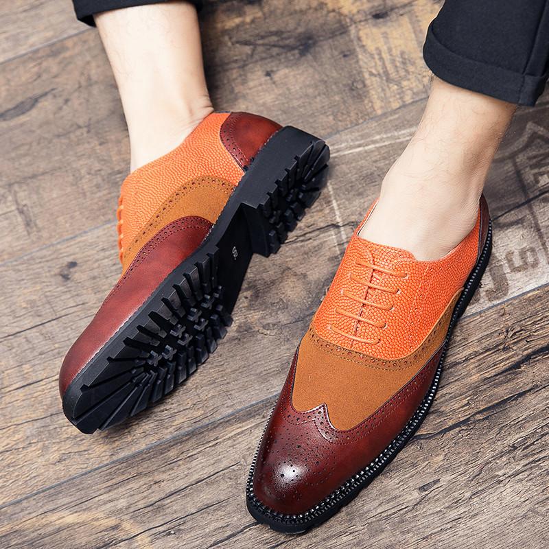 British Style Fashion Orange Men'S Brogue Shoes Large Size 47 Pointed Leather Shoes Casual Men Low-Heel Formal Shoes For Men