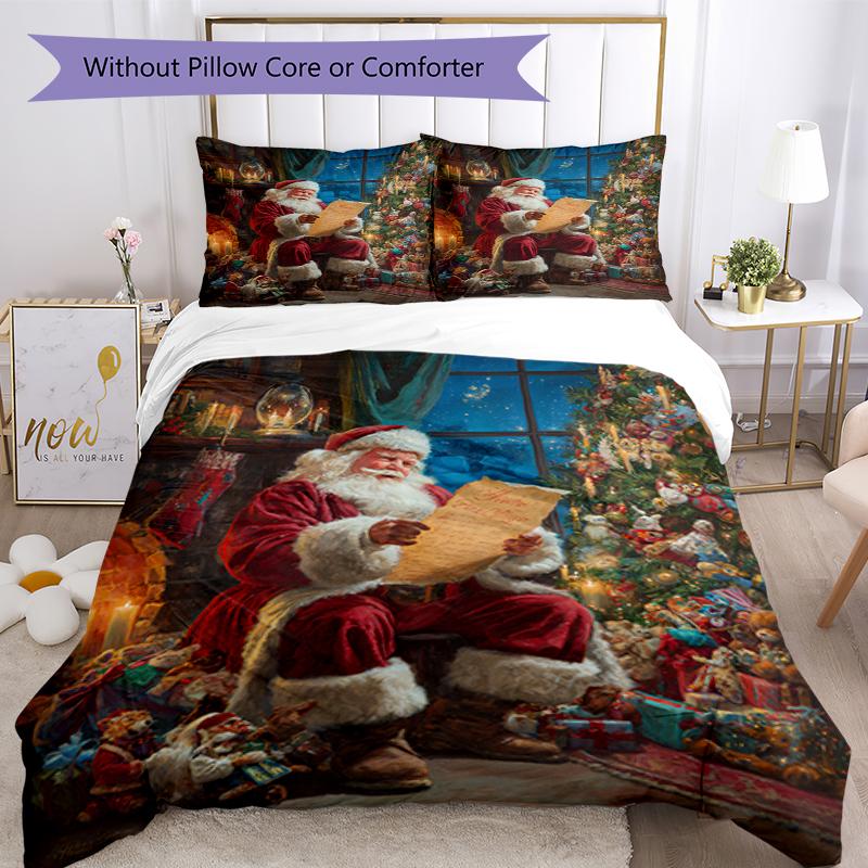 3pcs Christmas Santa Claus Bedding Set Duvet Cover Closure Includes 1 Duvet Cover & 2 Pillowcases, Soft and Comfortable for All Seasons.