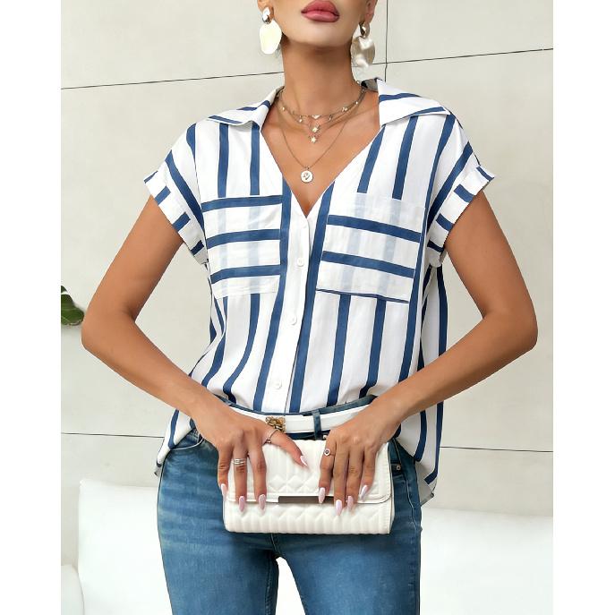 2026 New Women s Fashion Casual Loose V-Neck Striped Pocket Ladies  Shirt S