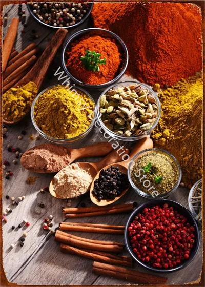 Kitchen Themed Wall Art Decor Colorful Spice and Spoon In Table Metal Tin Sign Food Cooking Ingredients Metal Art Print Decor