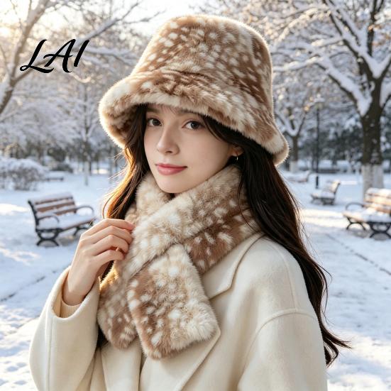 Warm Windproof Headwear Women Spotted Deer Hat Faux Fur Bucket Hat Winter Scarf Cute Print Soft Cozy Furry Fisherman for Girls Autumn Accessory