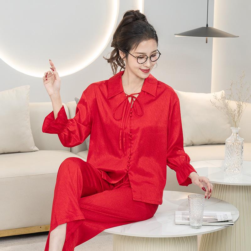 Women's 2025 Universal Lapel Ice Silk Pajamas - Four Seasons, Loose Fit, Plus Size, Solid Color, Comfortable Homewear