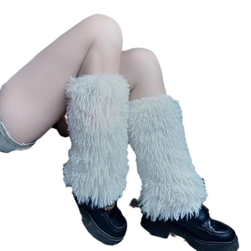 Japanese White Faux Fur Leg Warmers Boot Covers Y2K Goth Solid Leg Socks Punk Jk Knee-length Hiphop Hotgirl Fashion Warm Sock