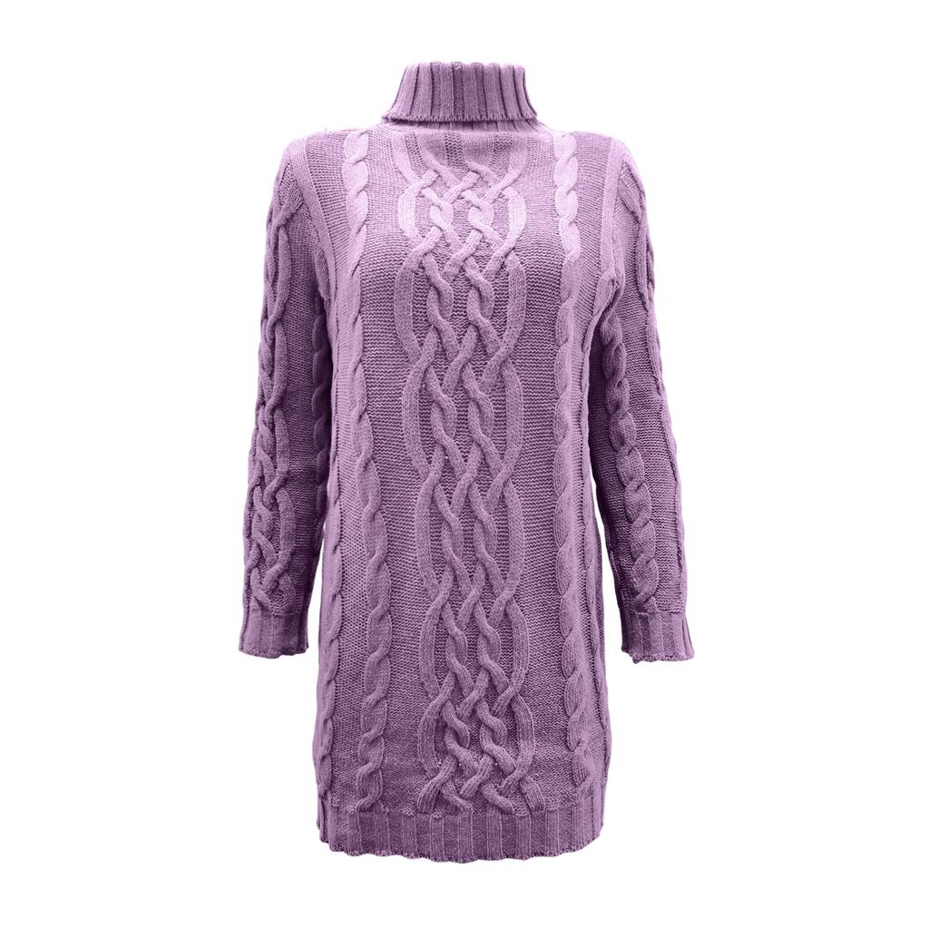 Women's Fashionable Casual Color Cable Knit Long-sleeved Turtleneck Sweater Dress
