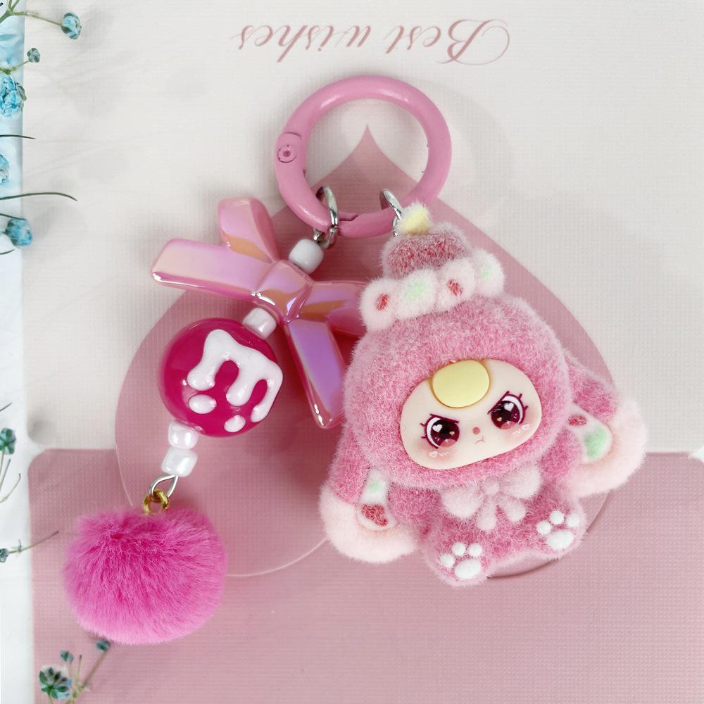 Lovely Sweet Flocking Key Chain Soft Plush Cute Cartoon Dessert Schoolbag Decoration Pendant Fashion Creative Crying Doll Key Rings for Female Handbag