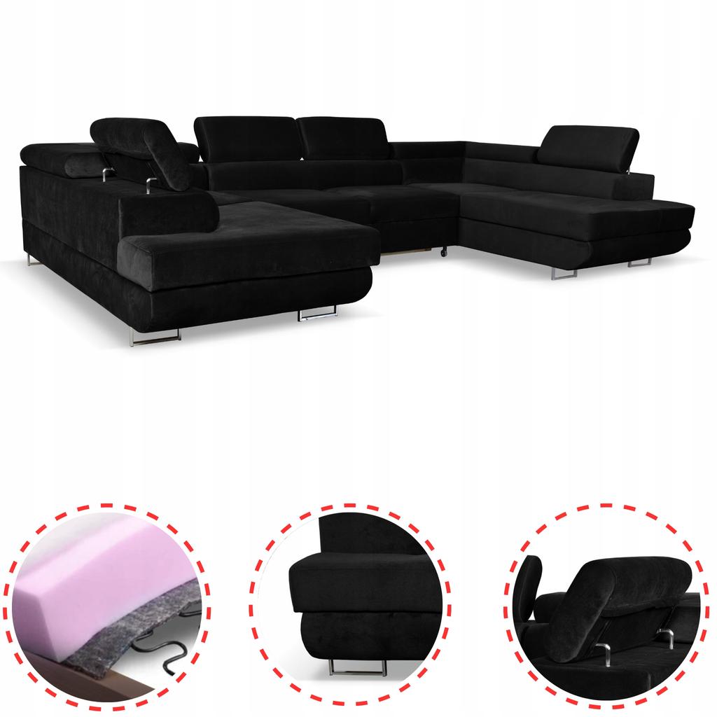 Narożnik kształt U rozkładany f. spania Bosso Family meble czarny welur