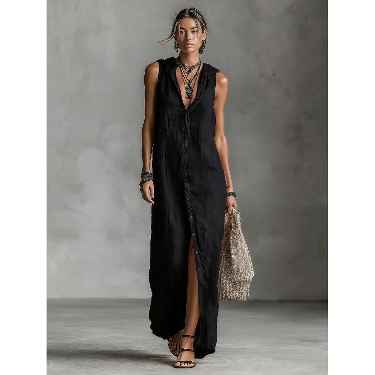 2026 New Women's Casual Loose Sleeveless Long Dress with Single-Breasted Buttons and Fashionable Hood