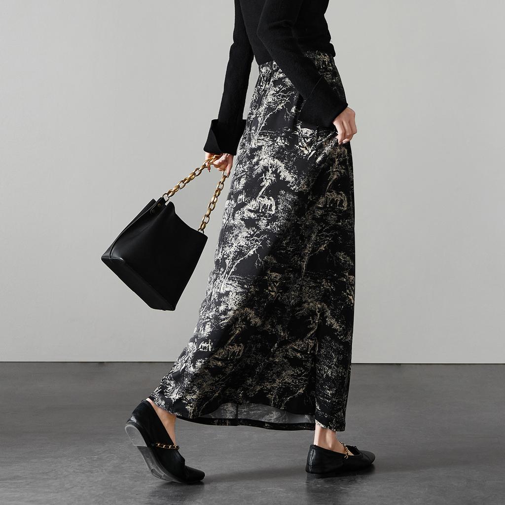 National Style Printed High Waisted Skirt 2026 Spring Fashion Versatile Mid Length A-line Skirt