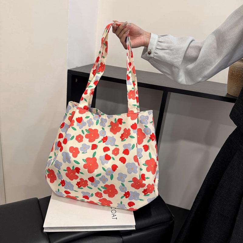 2025 new floral bag bag large capacity rose canvas bag beach bag shopping bag shoulder bag women's bag