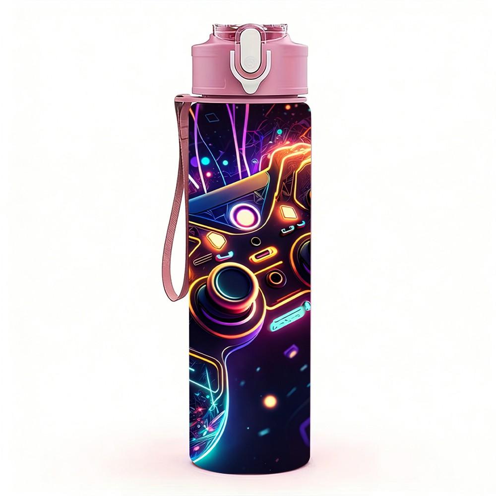 1PC Neon Game Controller Gaming Theme Art 750ml Color Plastic Sports Water Bottle Leakproof Flip Straw Lid Suitable for Sports Office Home Use