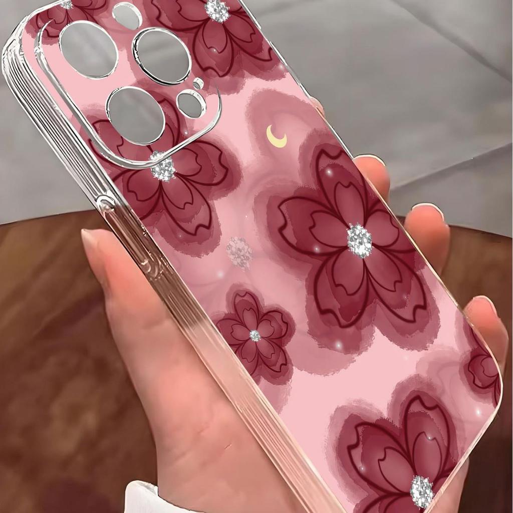 Red Bean Flower Anti-Fall Transparent Case for iPhone 14/15/16/17 Pro Max Series