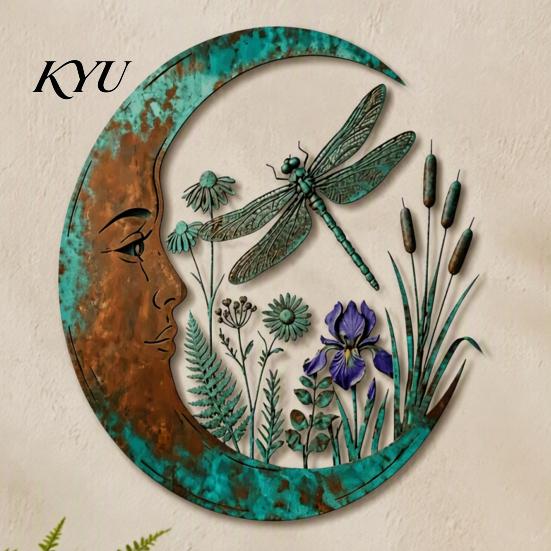 Indoor Outdoor Yard Ornaments Vintage Crescent Moon Wall Art, Fairy Witch Bee Dragonfly Iron Hanging Floral Metal Fence Accent Decor, Sculpture