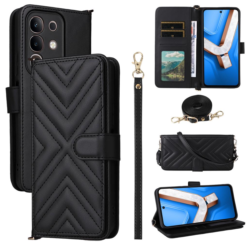 For Vivo Y29 4G/T4x 5G Wallet Case with Shoulder/Wrist Strap Leather Phone Cover Stand