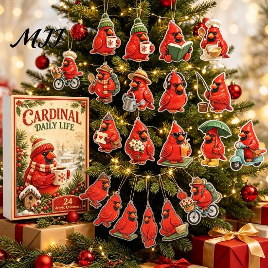 Bird Themed Hanging Ornaments Acrylic Christmas Advent Calendar Box with 24 Ornaments, Desktop Display Festive Countdown Decoration for Home