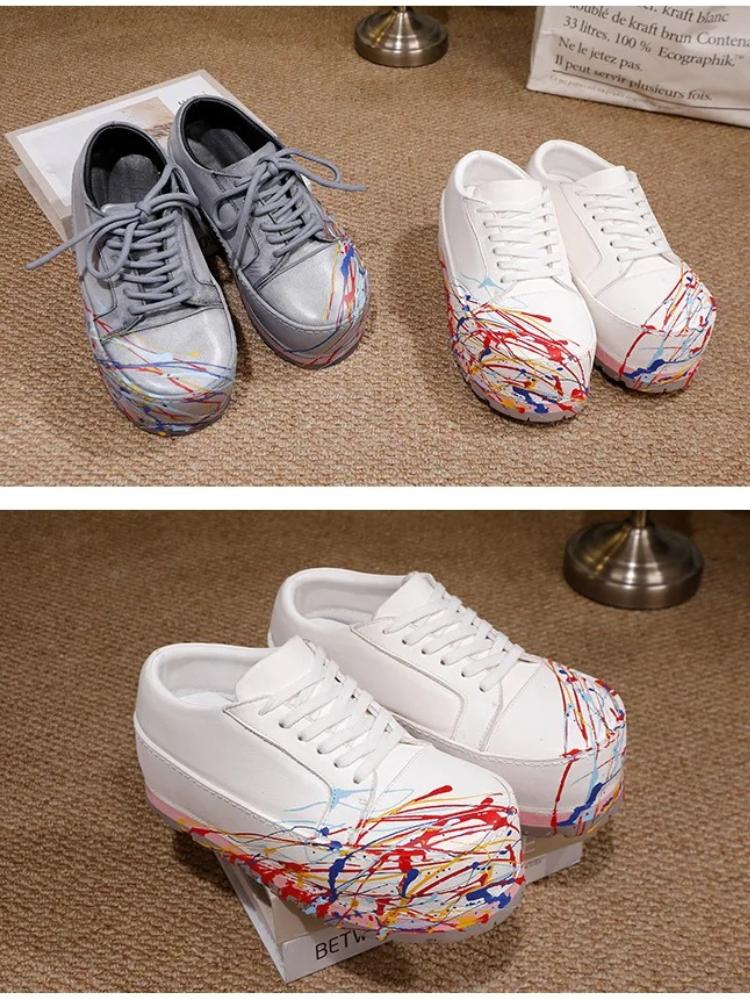 Johnature Ręcznie malowane Sznurowane Okrągły nosek Gruba podeszwa Modne Wszechstronne Zwiększające wzrost Buty damskie