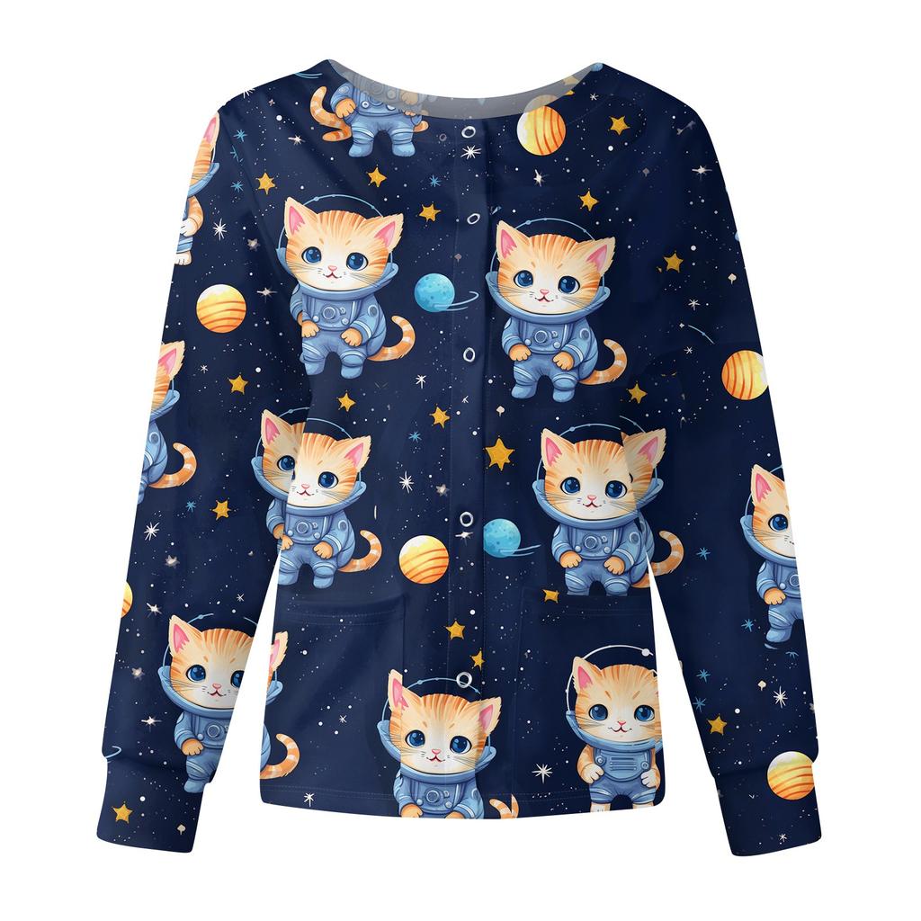 Damen Casual Mode Langarm Stehkragen Einreiher Niedlich Tierisch Bedruckt Arbeitsjacke Oberteile