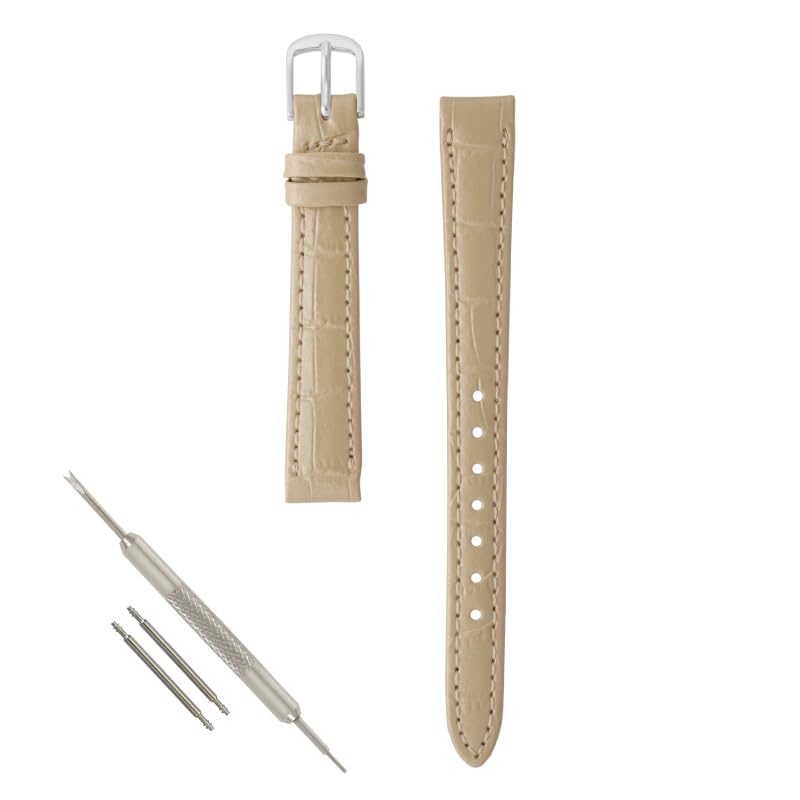 BAMBI Watch Strap, Genuine Leather, Crocodile Embossed, 12mm, 13mm, 14mm, Odor-Resistant, Replacement Watch Band, Beige, BKE005FI-S
