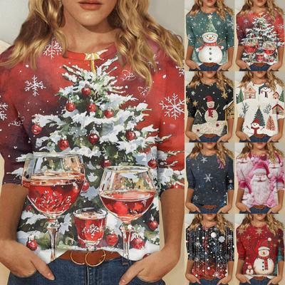 Women's Fashion Casual Seven Sleeve Christmas Printed Round Neck T-Shirt Top