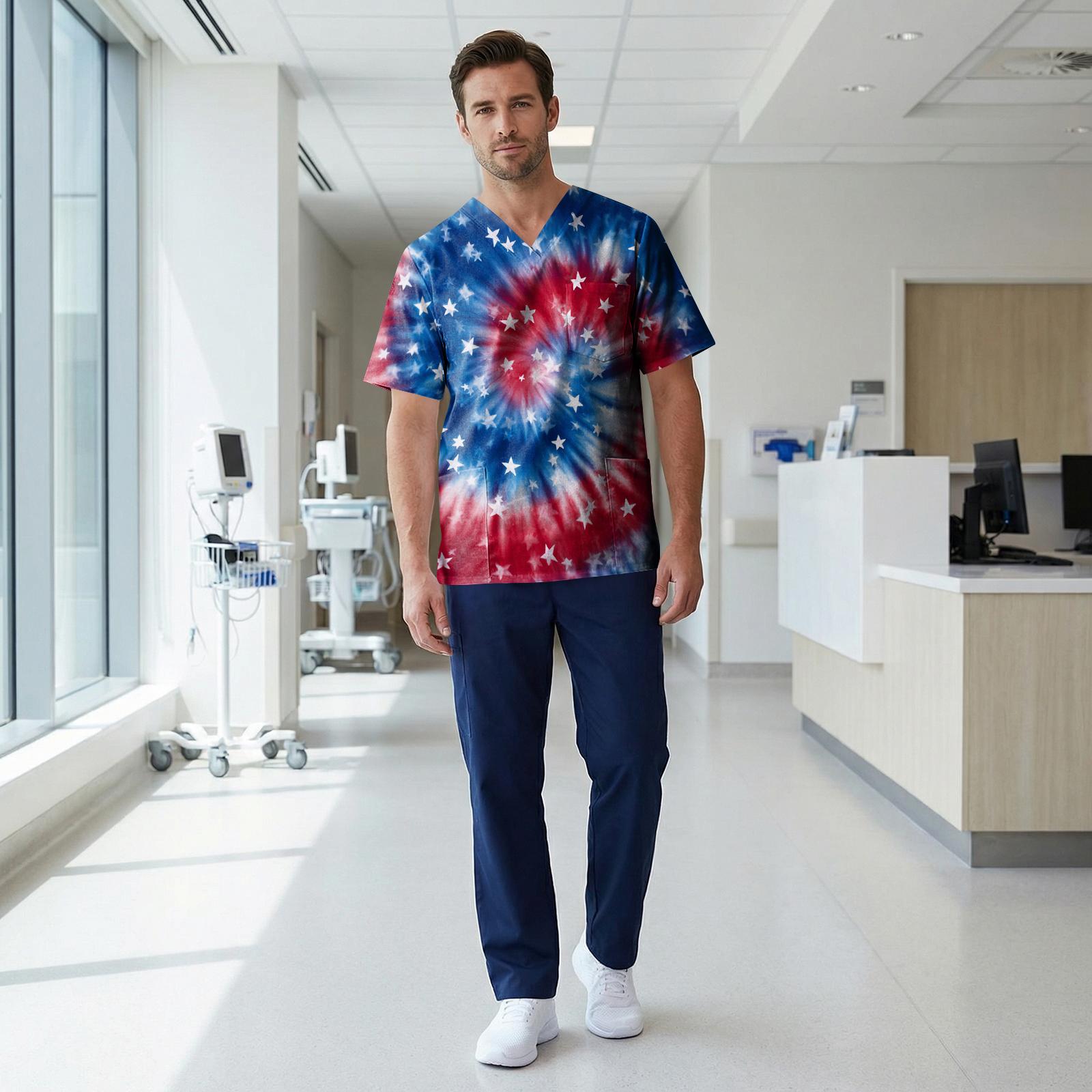 

Men Women V Neck Short Sleeve Scrub Top with Flag Star Stripe Print Two Front Pockets Comfortable Fit XXXXL