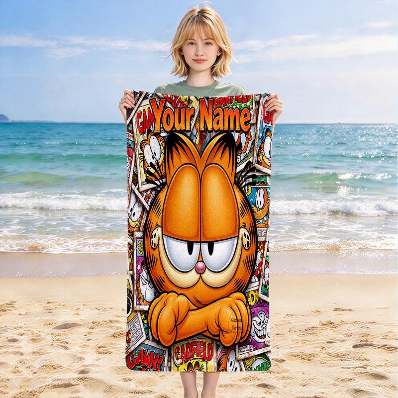 Custom Name Garfield Stylish Digital Printing Beach Towel Quick‑Drying Absorbent Blanket for Beach Pool Gym Travel