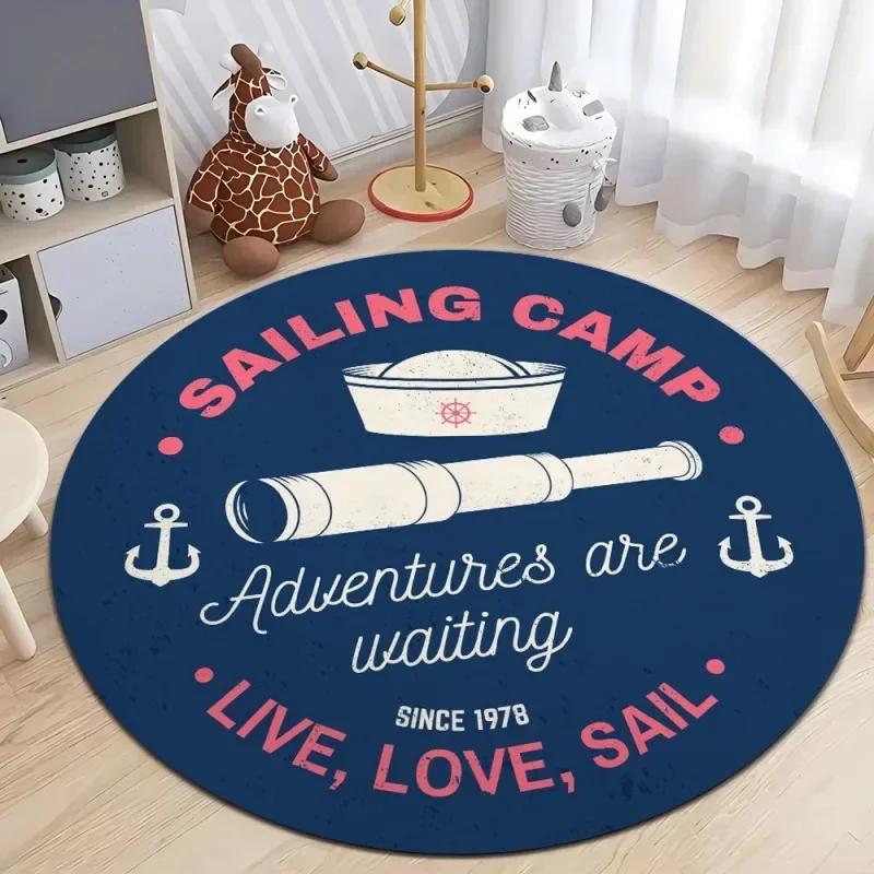 Nautical Style Round Area Rug – Printed Soft Plush Carpet for Living Room or Bedroom – Non-Slip, Machine-Washable Floor Mat
