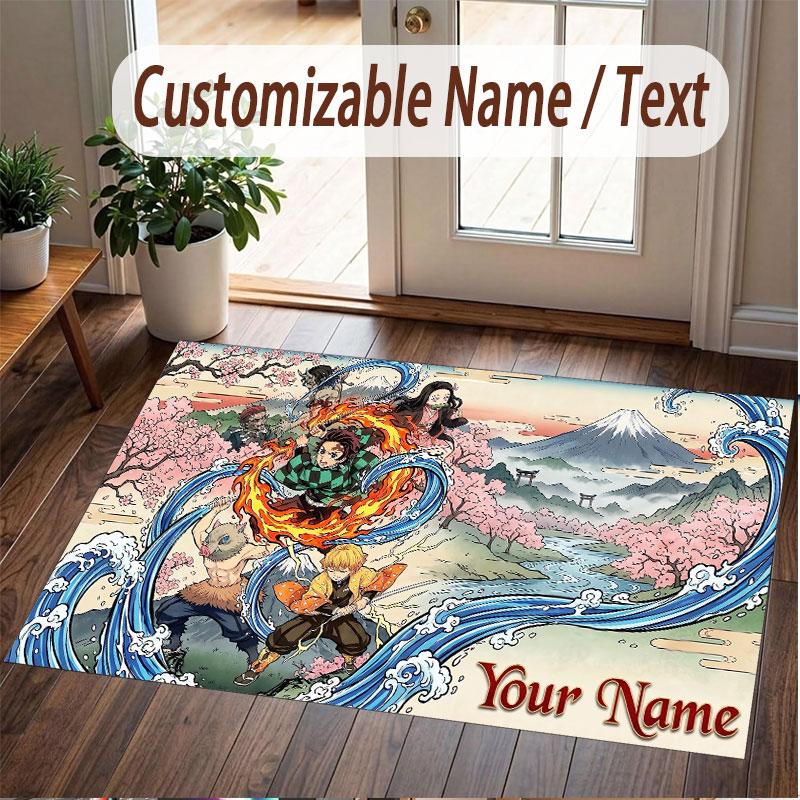 Custom Name Crystal Velvet Rug,Demon Slayer Comfortable Anti Slip Floor Mat For Room Decoration