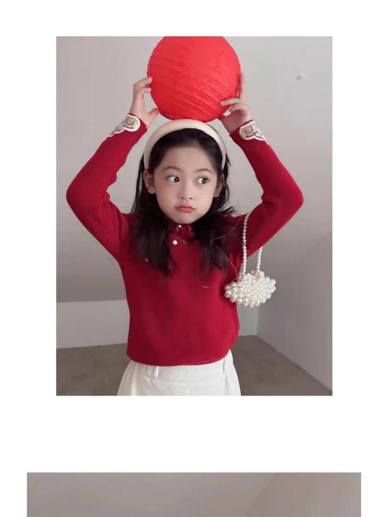 Girls' Chinese Style Red Qipao Collar Sweater for Winter and New Year