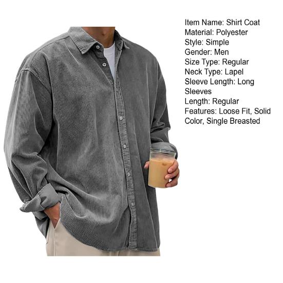 Camicia da uomo con bavero a maniche lunghe monopetto, colore solido, vestibilità larga, texture a coste, camicia casual capospalla per uso quotidiano