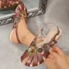 Fashion 2025 New Summer Women's Vintage Ethnic Floral Buckle Low Heel Sandals Casual Leather Shoes Retro Style Closed Toe Sandalszapatos