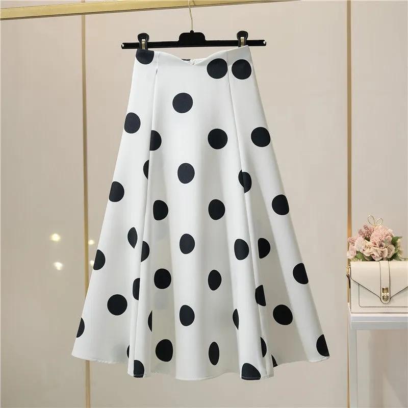 

Юбки в горошек, женские плиссированные шелковые длинные черные юбки в корейском стиле средней длины с высокой талией, французская летняя юбка-зонтик S белый