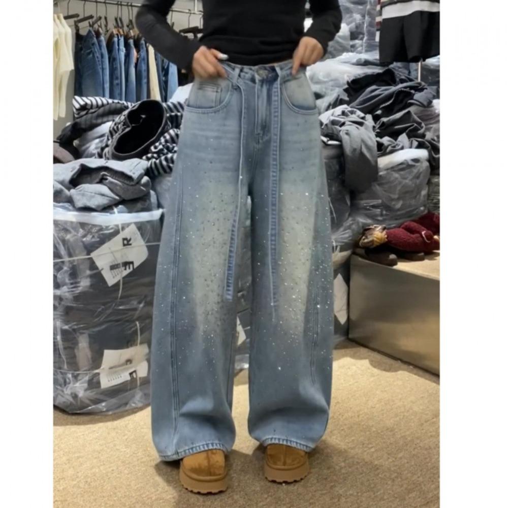 Women's High Waist Wide Leg Jeans Loose Fit Rhinestone Baggy Pants Spring Korean Streetwear Denim Trousers
