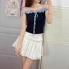 Korean College Style Contrasting Color Fungus Edge Lace-up Short-sleeved T-shirt Women's Summer Design Sense Niche Spice Girl Off-the-shoulder Top