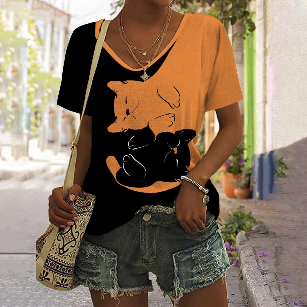 Women's T Shirt Summer Cat print Casual Short Sleeve V-Neck Tee Fashion Streetwear Female Oversized Clothing