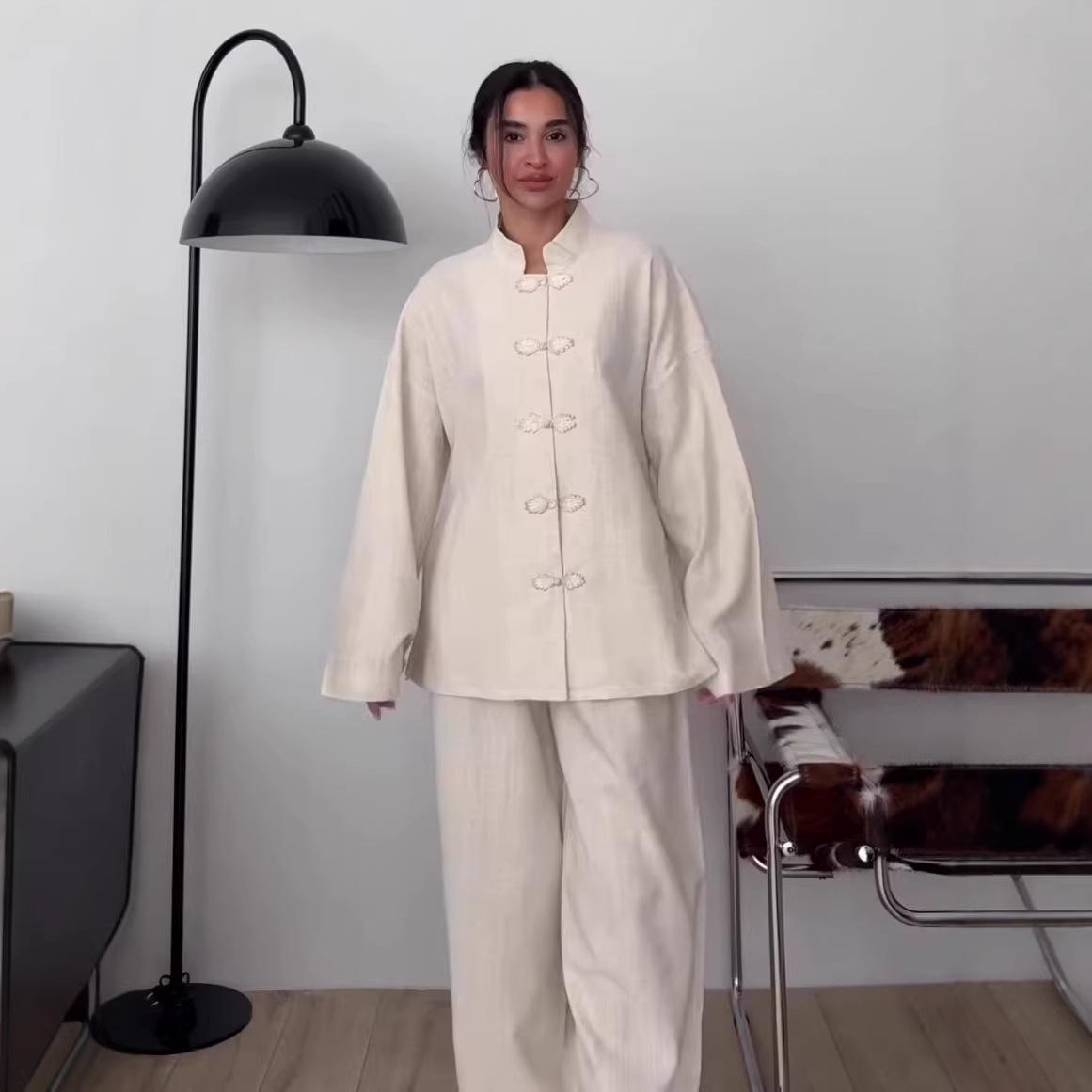 

Women s 2026 Spring New Long Sleeve Chinese Collar Cardigan & Casual Pants Set Extra Large брудно-білий